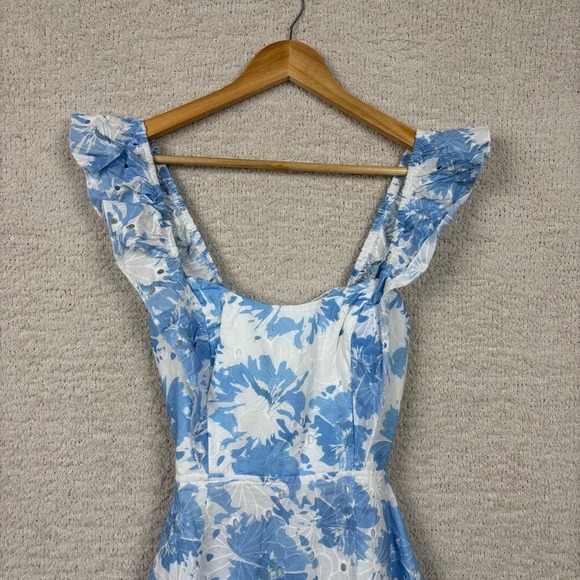 Selfie Leslie Dress Womens Med Blue White Floral Porcia Tied Back Frill Ruffle - Picture 3 of 13